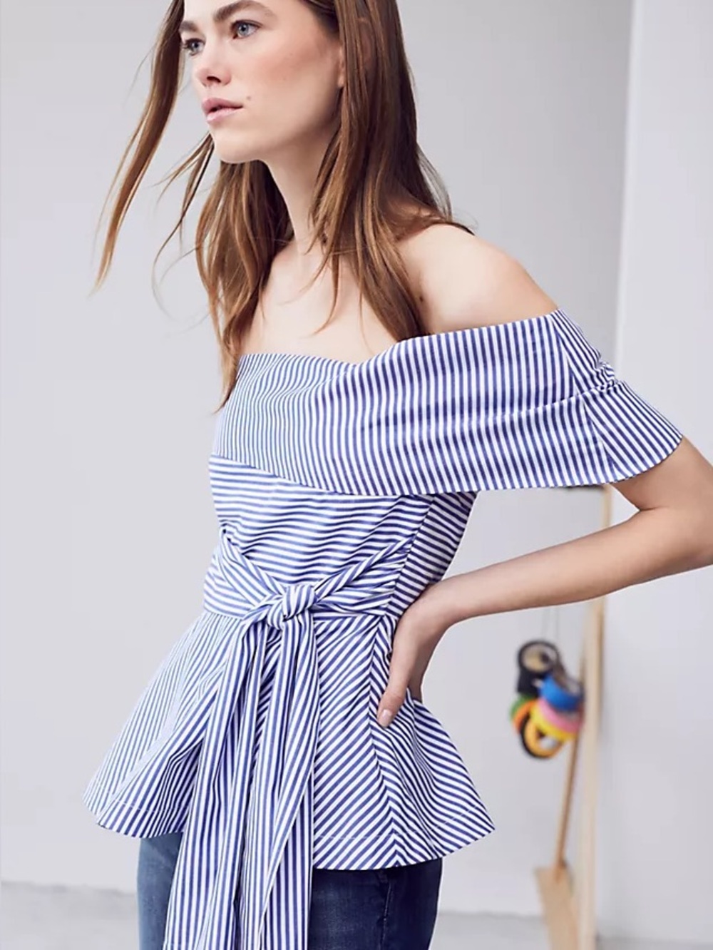 Striped Off-Shoulder Top with Waist Tie